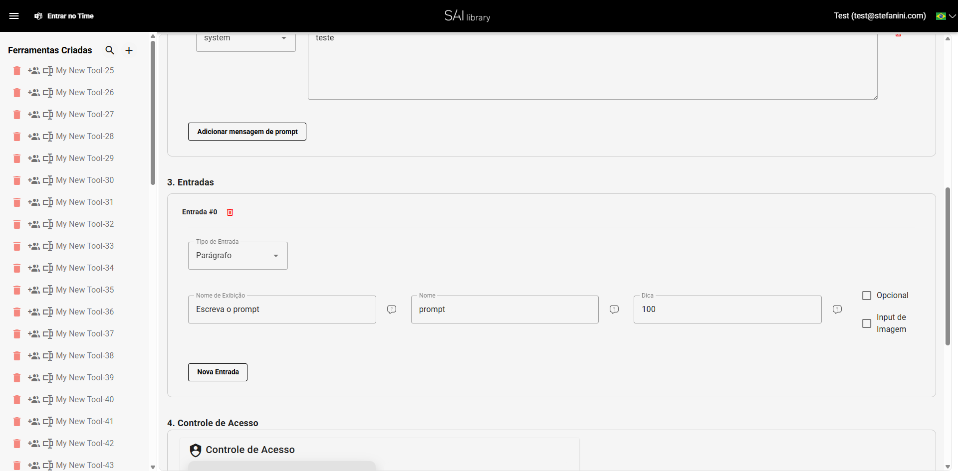 Definir seção Entradas